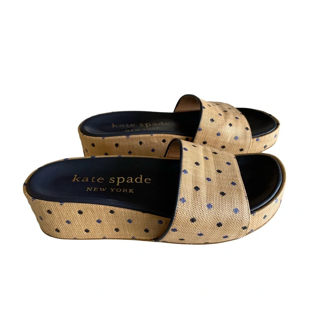 Kate Spade New York Breeze Raffia Platform Slide Sandals Polka Dot Wedge - Picture 7 of 11